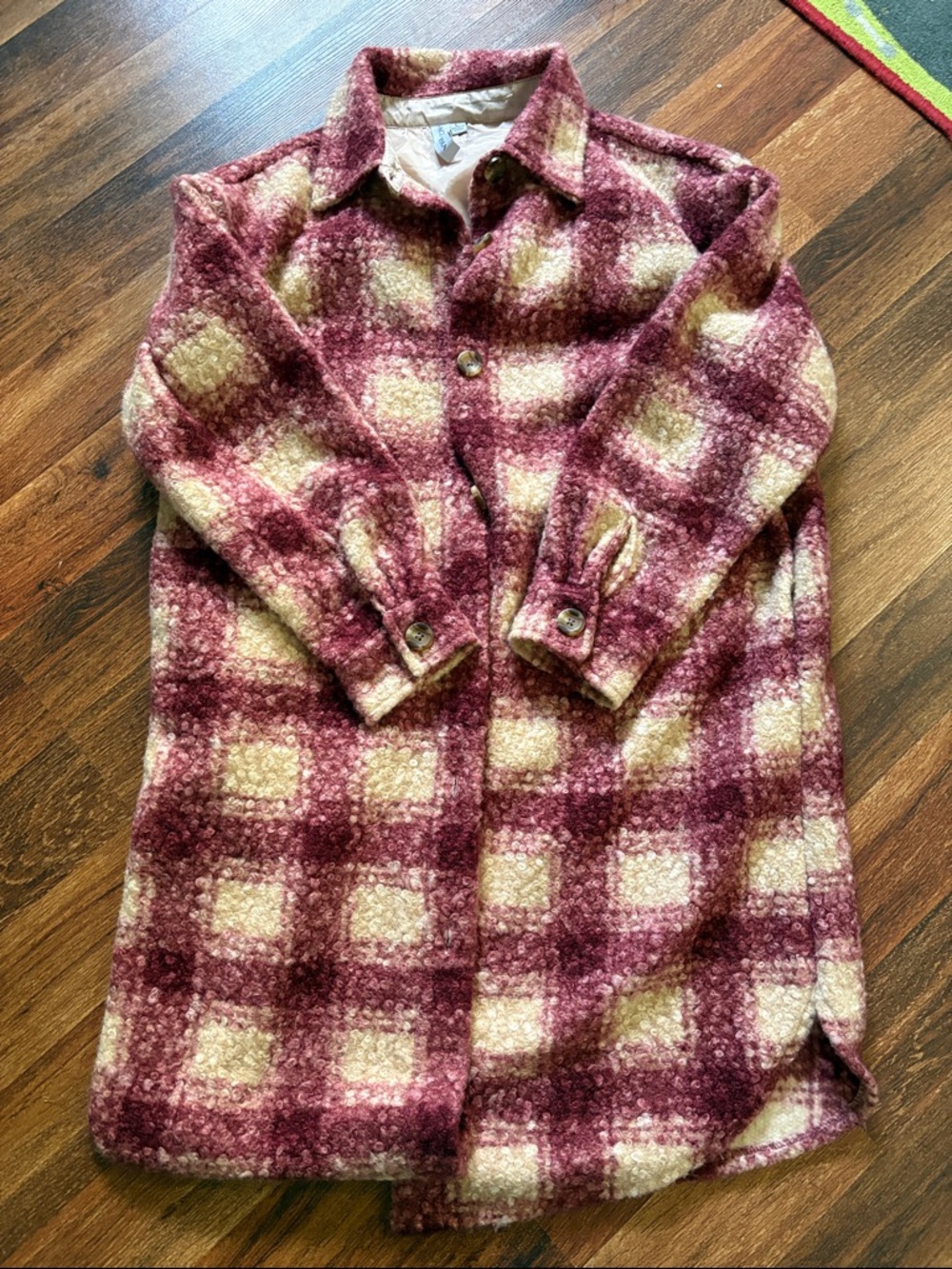 Plaid Wool-Blend Button-Up Coatigan in Burgundy and Cream
